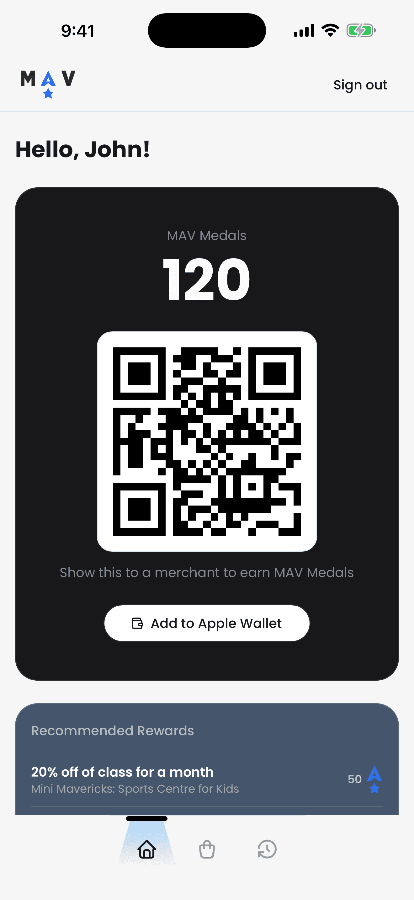MAV Rewards loyalty QR code and Medal balance on iPhone