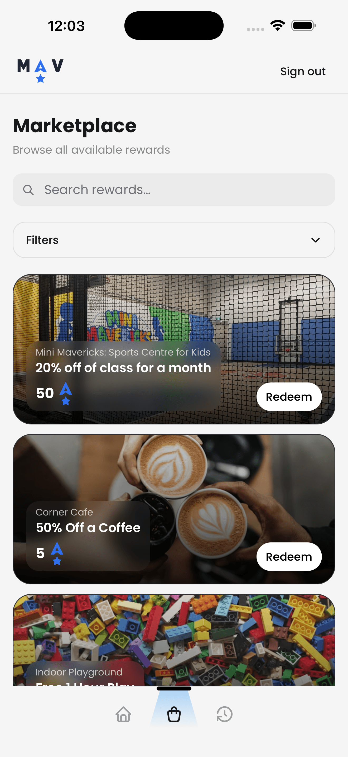 MAV Rewards marketplace showing available rewards from local businesses